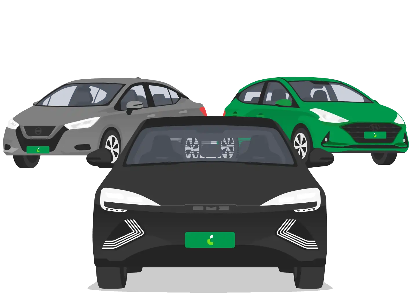 ilustração de 3 carros: um carro de luxo preto ao centro, um sedan prata a esquerda e um hatch verde a direita.
